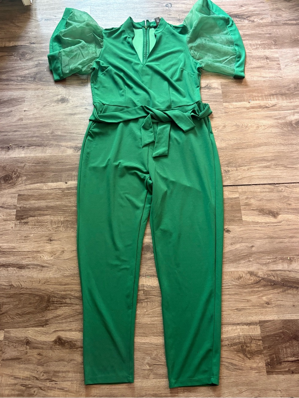 Ashley Stewart Emerald Green Puff Sleeve Jumpsuit with Waist Tie